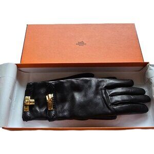 Hermès Kelly Gloves with Padlock Charm Cashmere Lining Black Lambskin Size 7